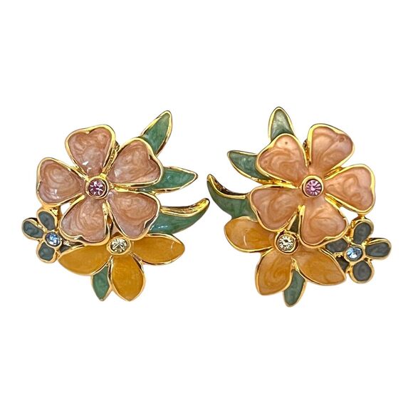 New Signed Joan Rivers Flower Enamel Crystals Gold Tone Clip On 4O - Picture 3 of 4